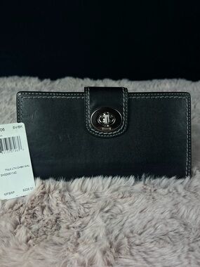 Coach Turnlock Leather Checkbook Wallet F43606 Black Contrast Stitch EUC
